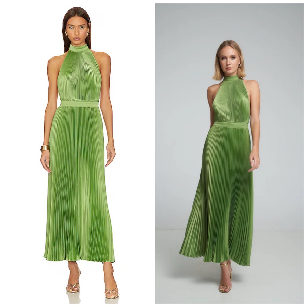 L’IDEE Cinema Gown Maxi‎ Pleated Fern Green Open Back Halter Size 4